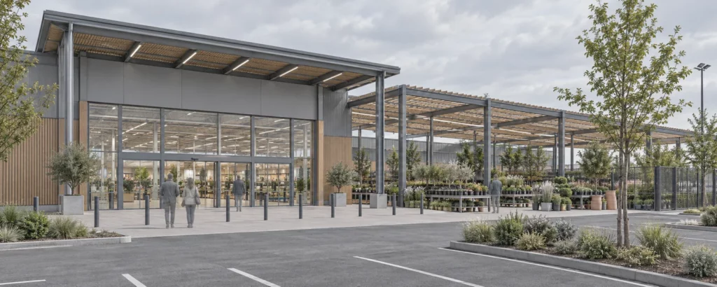 Magasin de bricolage et jardinerie avec pergola extérieure
