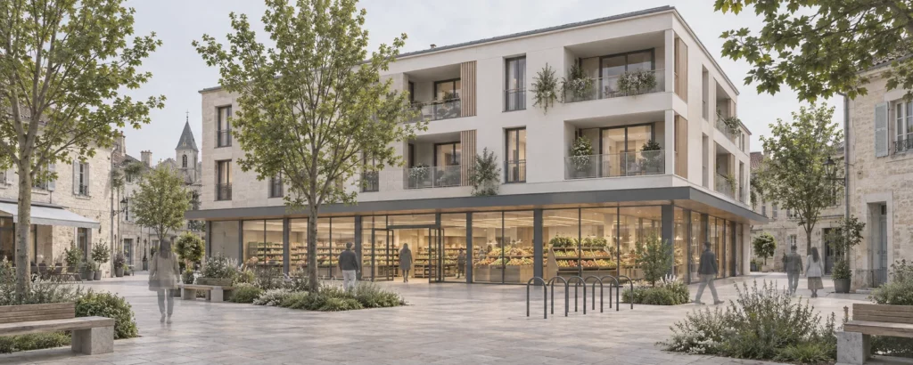 Commerce alimentaire en pied d'immeuble neuf sur une place de centre-ville