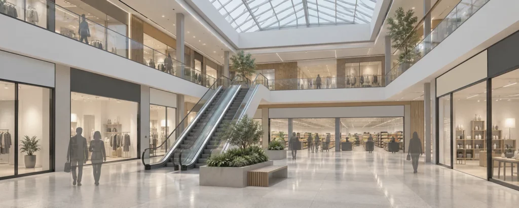 Atrium d'une galerie marchande avec verrière et escaliers mécaniques
