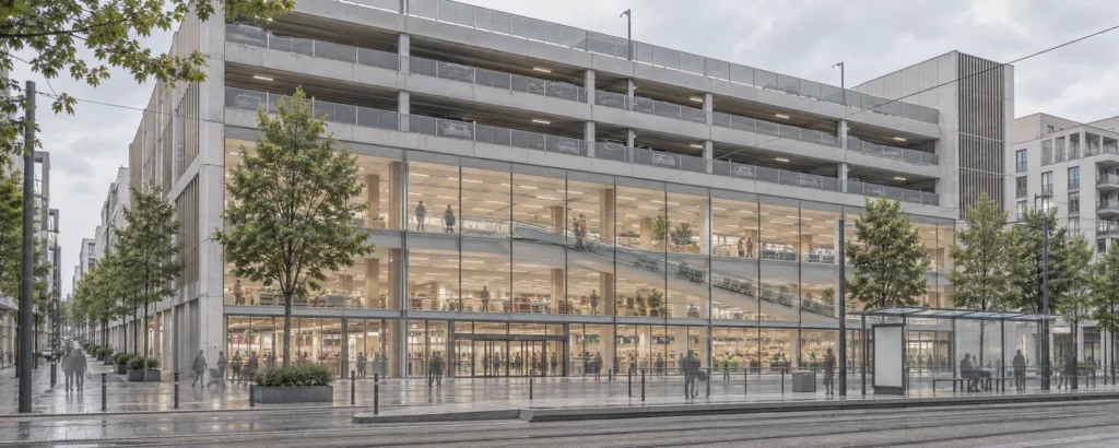 Hypermarché urbain sur plusieurs niveaux avec parking en superstructure et arrêt de tramway