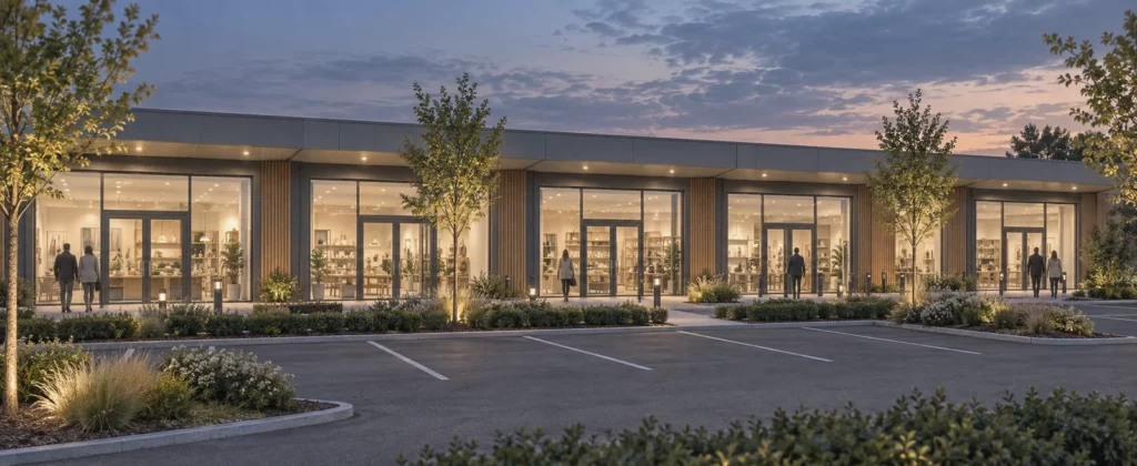 Retail park de cinq cellules sous auvent continu, vue de soirée