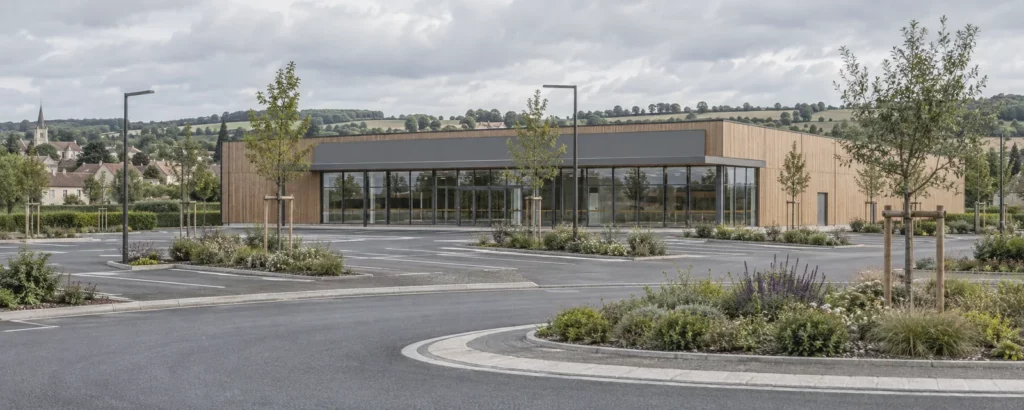 Supermarché à bardage bois en entrée de bourg, parking planté