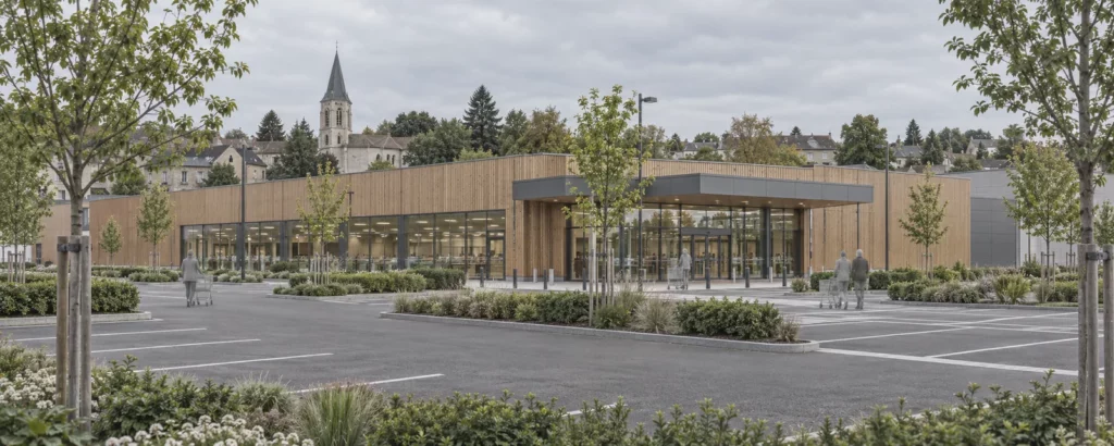 Supermarché de bourg à bardage bois, clocher en arrière-plan